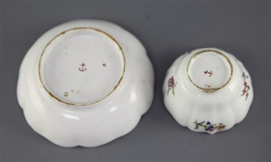 A Chelsea petal lobed tea bowl and saucer, c.1755, saucer 11cm